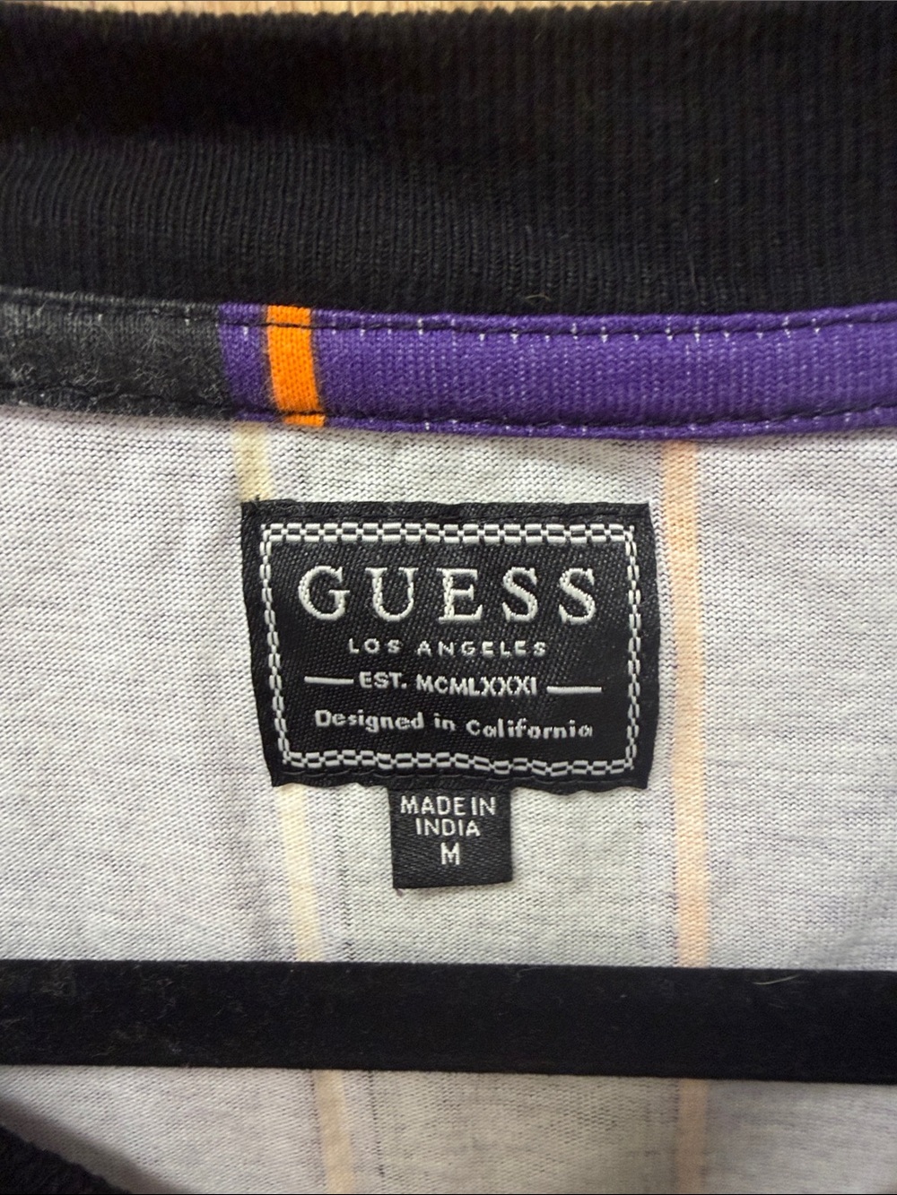GUESS  Vintage 90s Style Purple, Black & Yellow Striped Long-Sleeve Tee Size M - Picture 2 of 9